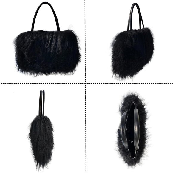 Women Luxury Real Lamb Mongolian Flush Wool Fur With Genuine Leather Handles Han - Picture 3 of 9